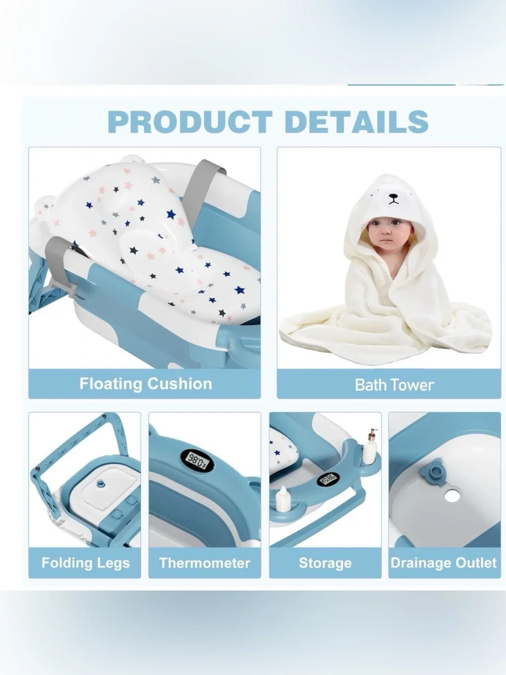 MoreFeel Collapsible Baby Bathtub For Newborn With Thermometer & 1 Hooded Towel